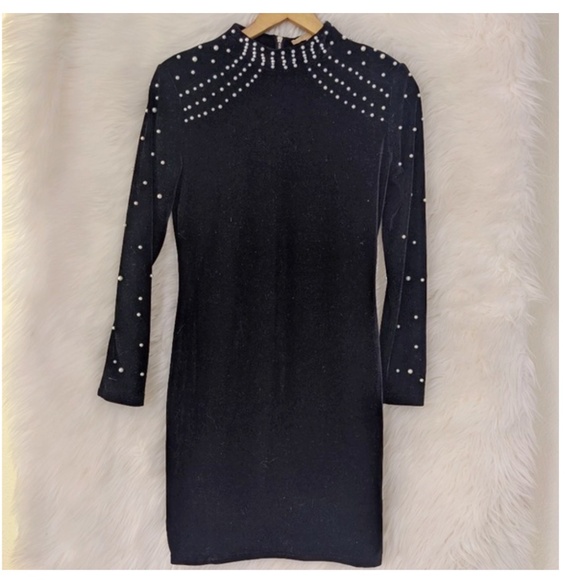 Pearl Embellished Black Velvet Dress - Picture 1 of 5